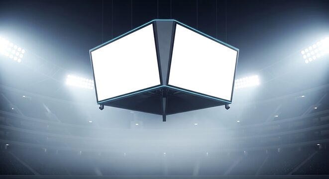 Illuminated Jumbotron screen above a stadium during a bright sporting event, showcasing two blank screens for displaying scores or replays