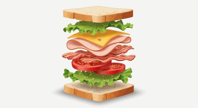 Exploded view illustration of a tall BLT sandwich with layers of lettuce tomato bacon cheese ham and bread slices
