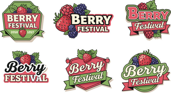 A vibrant collection of berry festival logos showcases various arrangements of strawberries blueberries and raspberries with decorative elements high quality professional detailed modern