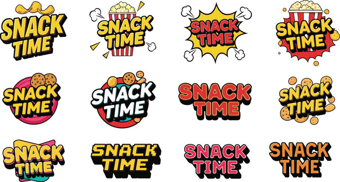 A vibrant collection of pop art style snack time graphics featuring popcorn cookies and dynamic text bubbles high quality professional detailed modern elegant