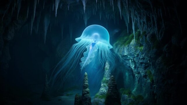 Ancient myth creature glowing jellyfish in a dark underground cave