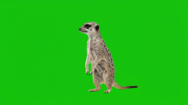 Meerkat stand up in alert from danger isolated on a solid green background