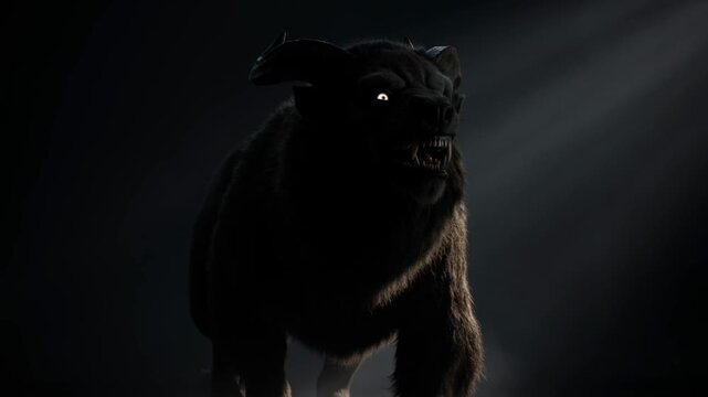 Ancient myth creature silhouette with glowing eyes and horns