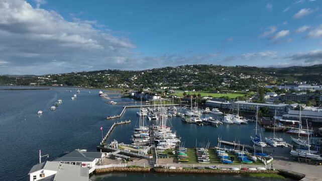 Aerial view of yachts in Knysna harbour, South Africa.