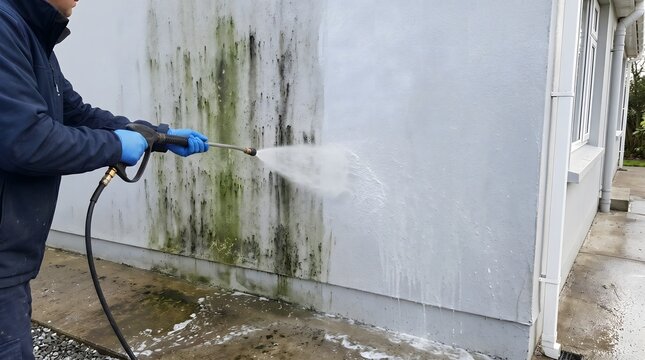 man cleaning an outdoor wall of a house using pressure washer
