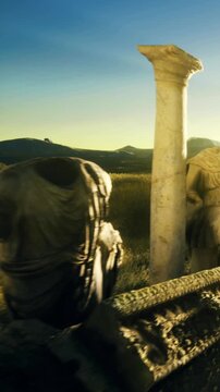 A statue with no head stands in a field among ancient columns during sunset. The background shows hills and fields under a clear sky. Shadows stretch across the ground.