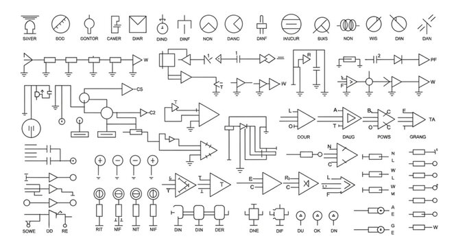 Collection of electronic circuit diagram symbols and components.