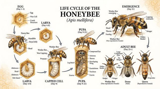 Life Cycle of the Honeybee (Apis mellifera) Illustrated From Egg, Larva, and Capped Pupa Within the Honeycomb Cell to Emerging Adult Workers, Drones, and Queen, Showing Caste Differences and Hive Anat