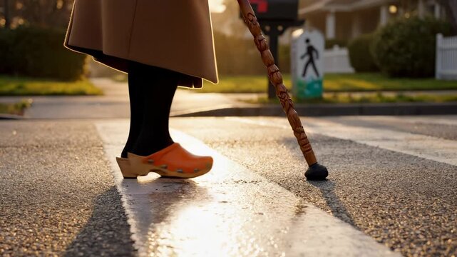 Senior woman walks in wooden clogs on crosswalk. Person with cane crosses street at sunset. Orange clogs step on asphalt road. Cane supports senior walking. Wooden shoes on street in evening.