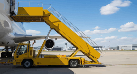 Aircraft passenger steps parked beside airplane on airport apron under a partly cloudy blue sky in cartoon style illustration © Baskara