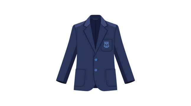 Navy blue school blazer with crest pocket emblem, flat