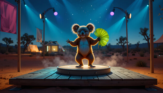 Cute Koala Character Performing on a Desert Stage at Night