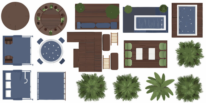 Aerial view of various outdoor spaces including pools patios and landscaping