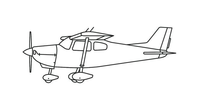 Single engine turboprop aircraft flying in outline style illustration; small plane with propeller; isolated aviation transport