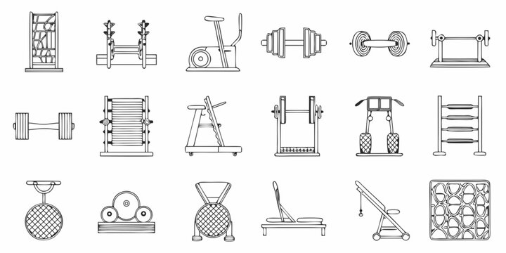 Collection of black and white line art illustrations of gym equipment
