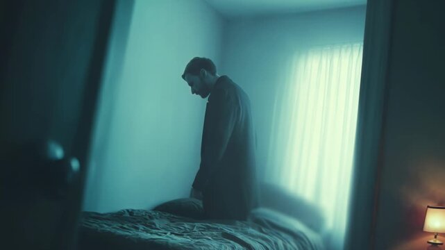 Man standing in a dark bedroom at night. Eerie silhouette of a man inside a house. Horror concept of a mysterious figure lurking in a shadowy room, suspense.