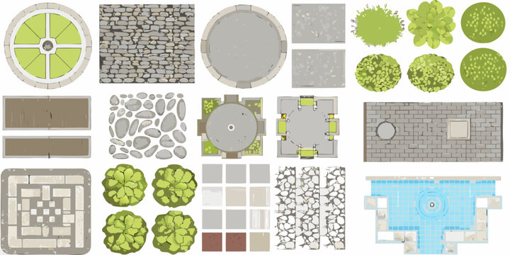Overhead view of various fantasy game map elements and terrain tiles