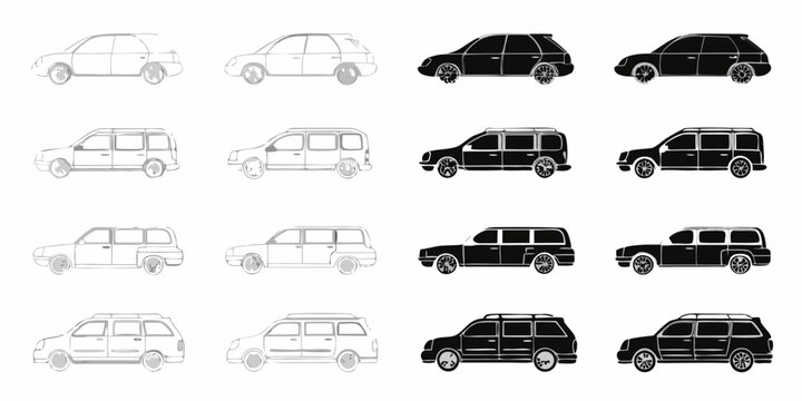 Line art illustrations depicting four variations of a boxy suv design