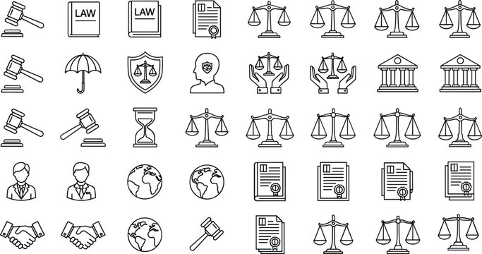 Law justice legal scales line icons set court gavel attorney legislation outline vector symbols collection