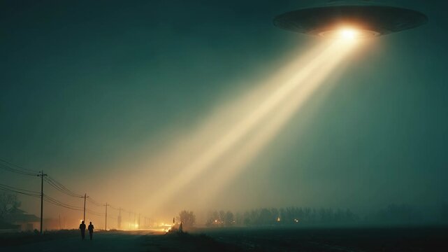 Alien spacecraft hovering over a road at night. Bright beam of light illuminating a man and a woman. Futuristic extraterrestrial encounter in dark fog landscape.