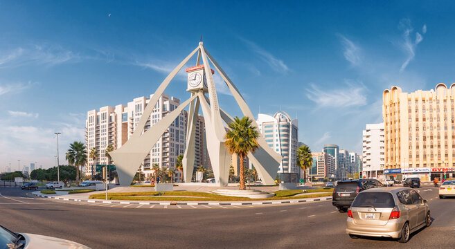10 January 2026, Dubai, UAE: Deira Clocktower, a historical landmark and architectural monument, standing prominently in a city roundabout