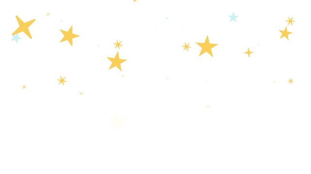 Stars sparkles falling down top border video overlay. Starbursts. Animated upper edge frame with cascading elements. Motion graphics with transparent copy space. Decoration seamless animation