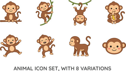 Obraz premium Monkey animal icon set featuring 8 variations including sitting, climbing, hanging on branch, walking, playful pose, smiling, and monkey head icon. Flat vector illustration with clean lines isolated 