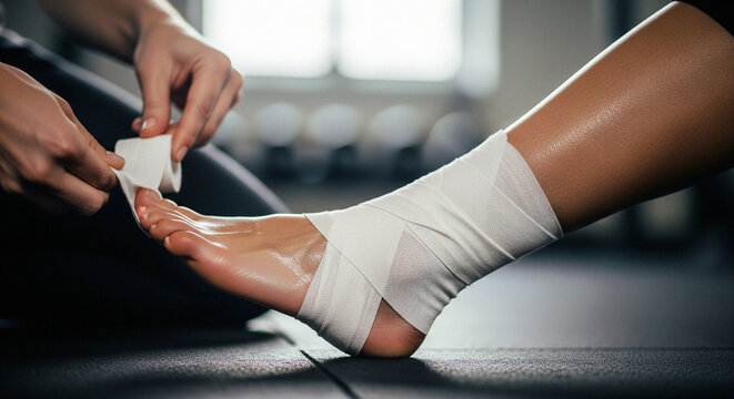 Trainer wrapping athlete's ankle with white bandage in gym, close-up of sports injury treatment and professional physiotherapy care.