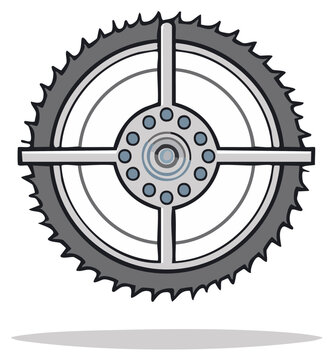 Stylized vector drawing of a gray and silver gear with sharp teeth and metallic elements.