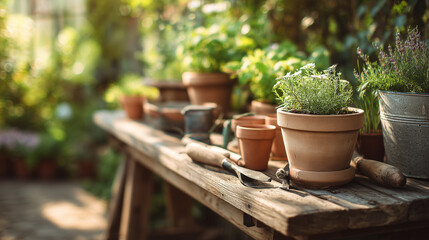 Fototapeta premium Rustic potting bench with terracotta pots and small white flowers in a sunny greenhouse garden setting featuring gardening tools and soft morning light for a serene hobby and botanical backg