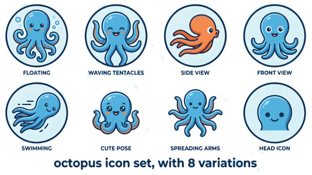 Cute octopus icon set featuring multiple poses including floating, swimming, waving tentacles, spreading arms, and head icon in a playful flat illustration style.