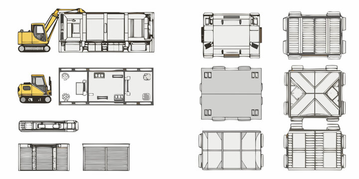 Diagram of an excavator and various railcar designs top down views