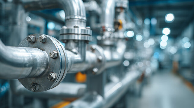 Industrial stainless steel piping system with flanged connections in a clean modern factory environment Close up view of metal conduits showing engineering precision and manufacturing infras