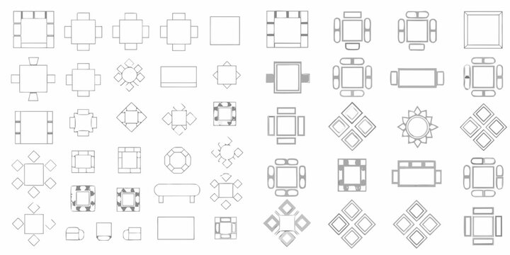Numerous furniture top down blueprints arranged in a grid pattern