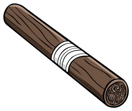 Illustration of a single brown cigar with a white band and detailed end, isolated on a white background