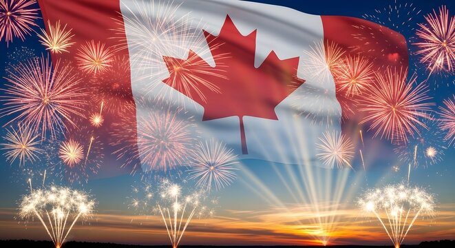 Canada day celebration fireworks exploding behind the canadian flag