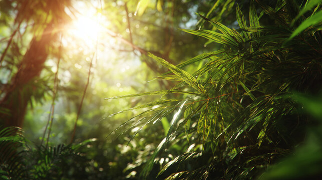 Lush tropical bamboo leaves backlit by radiant golden sunlight in a peaceful rainforest environment with soft bokeh background and vibrant green foliage textures for natural background