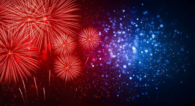Vibrant fireworks display illuminates the night sky with red and blue hues