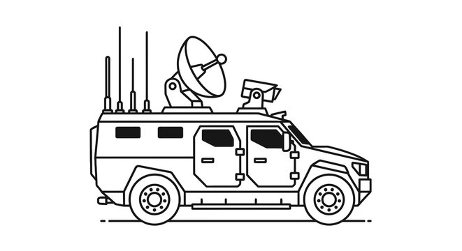 Armored military communication vehicle line art vector illustration featuring satellite dish and antenna on white background