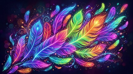 Obraz premium A vibrant and colorful illustration of neon feathers in a rainbow