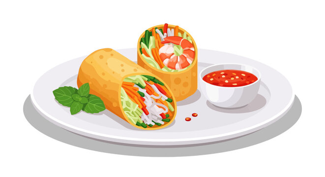 Delicious Vietnamese spring rolls with fresh shrimp vegetables and spicy dipping sauce on a white plate in vector style