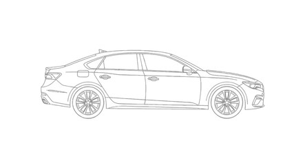 Fototapeta premium Sleek gray sedan car line art illustration showcasing modern design and aerodynamic profile on a white background; ideal for automotive visuals