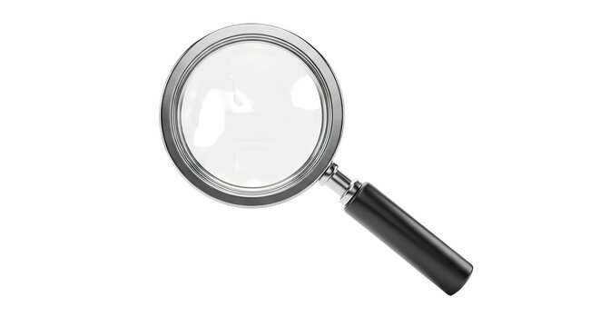 Magnifying glass with metal rim and black handle on white background