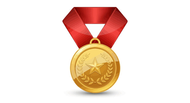 Gold medal with red ribbon featuring a star and laurel wreath in a glossy vector illustration for awards and achievements