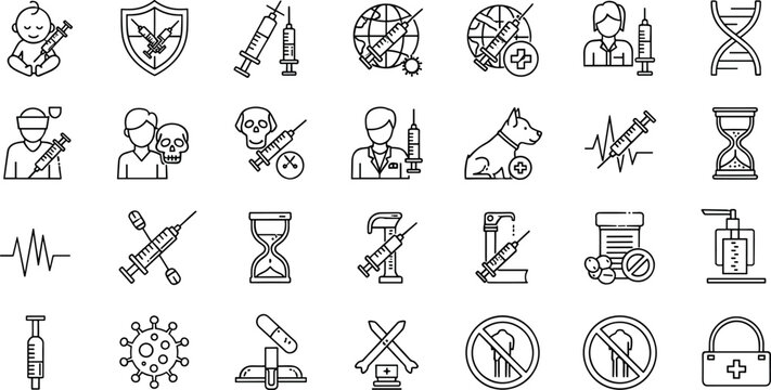 Vaccination immunization healthcare line icons set syringe virus prevention medical protection outline vector symbols collection