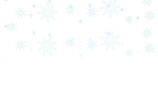 Snowflakes winter falling down top border video overlay. Snowfall. Animated upper edge frame with cascading elements. Motion graphics with transparent copy space. Decoration seamless animation