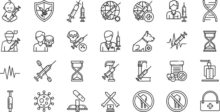 Vaccination immunization healthcare line icons set syringe virus prevention medical protection outline vector symbols collection
