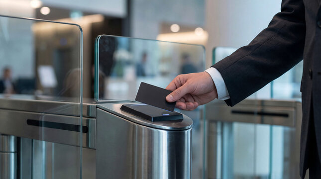 Business professional tapping black access card on office security reader