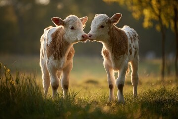 Obraz premium two baby calves touching noses in green meadow with warm sunlight and soft background, livestock farming, agriculture, cute animal interaction, rural countryside concept