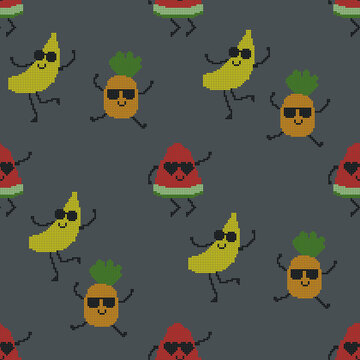 Seamless cross stitch pattern of cute dancing fruits with sunglasses on dark grey background.